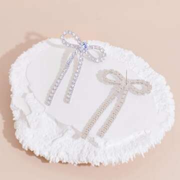 COORWEEL Large Silver Rhinestone Bow Dangle Earrings for Women Cubic Zircon Bow Statement Earrings for Wedding Bridal Prom Jewelry