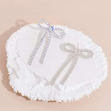 COORWEEL Large Silver Rhinestone Bow Dangle Earrings for Women Cubic Zircon Bow Statement Earrings for Wedding Bridal Prom Jewelry