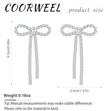 COORWEEL Large Silver Rhinestone Bow Dangle Earrings for Women Cubic Zircon Bow Statement Earrings for Wedding Bridal Prom Jewelry
