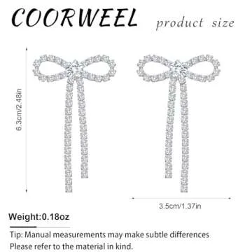 COORWEEL Large Silver Rhinestone Bow Dangle Earrings for Women Cubic Zircon Bow Statement Earrings for Wedding Bridal Prom Jewelry