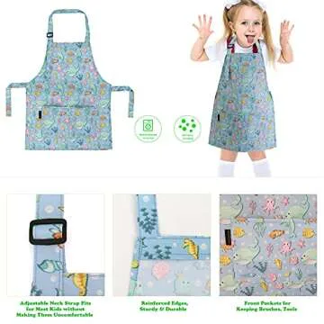 BeeGreen Shark Whale Kids Apron 2 Pack Cooking Aprons with Adjustable Strap Kids Kitchen Aprons with Front Pocket for Girls Toddler Painting Baking Artist Washable Foldable Lightweight