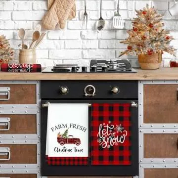 Korlon Tec 4 Pack Christmas Kitchen Towels, Buffalo Plaid Truck Trees Christmas Dish Towels for Kitchen Winter Holiday Decorations