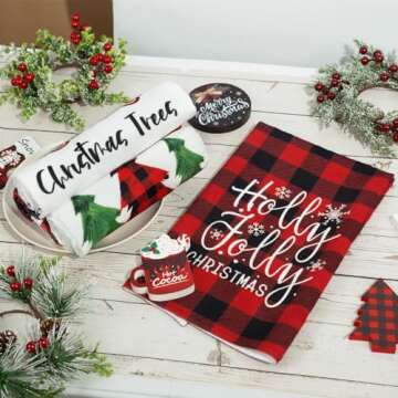 Korlon Tec 4 Pack Christmas Kitchen Towels, Buffalo Plaid Truck Trees Christmas Dish Towels for Kitchen Winter Holiday Decorations