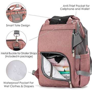 upsimples Diaper Bag Backpack Nappy Bag Baby Bags for Mom and Dad Maternity Diaper Bag with USB Charging Port Stroller Straps Thermal Pockets,Water Resistant, Pink Grey