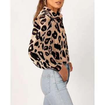 BTFBM Women Fashion Button Down Shirts Lapel V Neck Printed Solid Boho Long Sleeve Blouses Dressy Casual Summer Fall Top(Leopard Print, XX-Large)