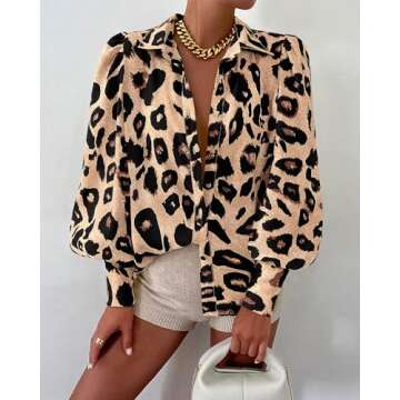 BTFBM Women Fashion Button Down Shirts Lapel V Neck Printed Solid Boho Long Sleeve Blouses Dressy Casual Summer Fall Top(Leopard Print, XX-Large)