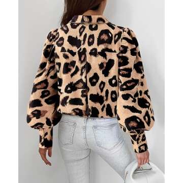 BTFBM Women Fashion Button Down Shirts Lapel V Neck Printed Solid Boho Long Sleeve Blouses Dressy Casual Summer Fall Top(Leopard Print, XX-Large)