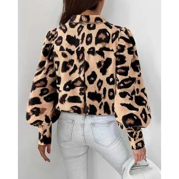 BTFBM Women Fashion Button Down Shirts Lapel V Neck Printed Solid Boho Long Sleeve Blouses Dressy Casual Summer Fall Top(Leopard Print, XX-Large)