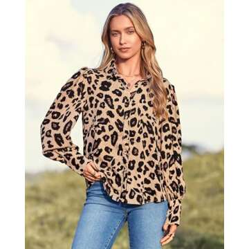 BTFBM Women Fashion Button Down Shirts Lapel V Neck Printed Solid Boho Long Sleeve Blouses Dressy Casual Summer Fall Top(Leopard Print, XX-Large)