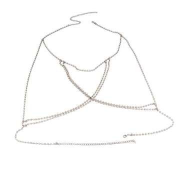 Graeen Rhinestone Bra Body Chains Crystal Chest Chain Cross Bra Chain Silver Body Jewelry for Women (Silver)