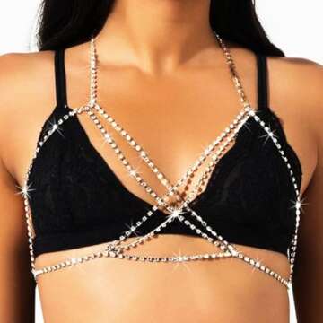 Graeen Rhinestone Bra Body Chains Crystal Chest Chain Cross Bra Chain Silver Body Jewelry for Women (Silver)