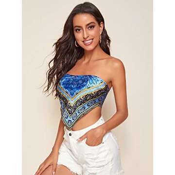 Floerns Women's Graphic Print Tie Back Strapless Bandana Tube Top B Blue Floral M