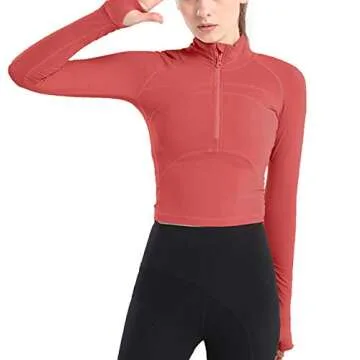 Flygo Women's Cropped Workout Jacket 1/2 Zip Athletic Yoga Running Pullover Tops with Thumb Hole(Red-M)