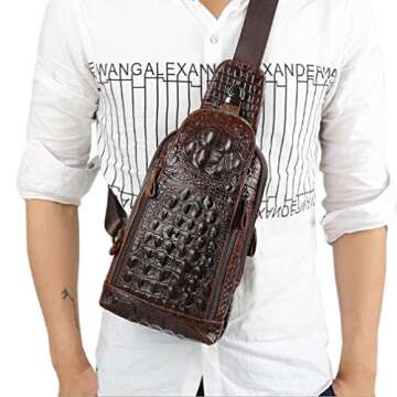 Hebetag Crocodile Genuine Leather Sling Bag Backpack for Men Travel Outdoor Hunting Hiking Camping C...