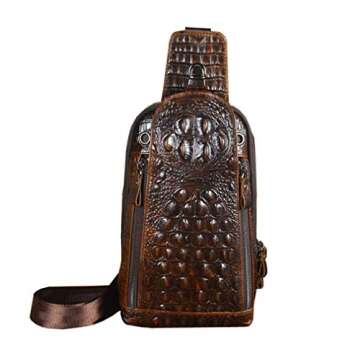 Hebetag Crocodile Genuine Leather Sling Bag Backpack for Men Travel Outdoor Hunting Hiking Camping Crossbody Shoulder Chest Pack Daypack Coffee