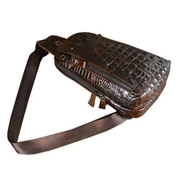 Hebetag Crocodile Genuine Leather Sling Bag Backpack for Men Travel Outdoor Hunting Hiking Camping Crossbody Shoulder Chest Pack Daypack Coffee