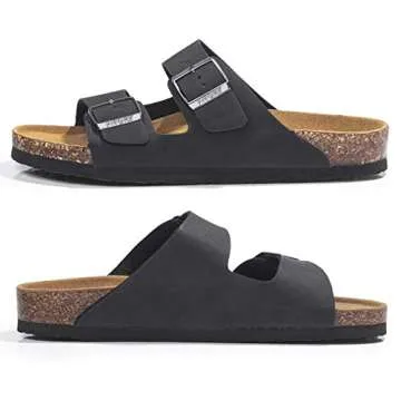 FITORY Mens Sandals, Arch Support Slides with Adjustable Buckle Straps and Cork Footbed Black Size 10
