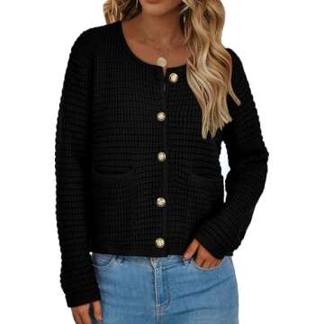 PRETTYGARDEN Women's Knit Cardigan Sweaters Fall Fashion Long Sleeve Open Front Button Down Trendy Casual Sweater Jacket (Black,Medium)