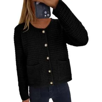 PRETTYGARDEN Women's Knit Cardigan Sweaters Fall Fashion Long Sleeve Open Front Button Down Trendy Casual Sweater Jacket (Black,Medium)