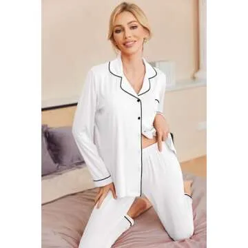 Ekouaer Pajamas Women's Long Sleeve Sleepwear Soft Button Down Loungewear Pjs Lounge Set Nightwear,White,Small