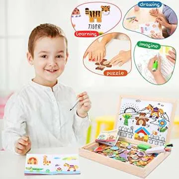 Lewo Wooden Educational Toys Magnetic Art Easel Animals Wooden Puzzles Games for Kids