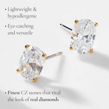 Nadri Oval Stud Earrings for Women - 18K Gold Plated Cubic Zirconia Earring Studs for Women - Hypoallergenic Jewelry, Bridal Gifts and Wedding Jewelry