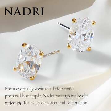 Nadri Oval Stud Earrings for Women - 18K Gold Plated Cubic Zirconia Earring Studs for Women - Hypoallergenic Jewelry, Bridal Gifts and Wedding Jewelry