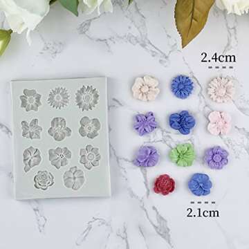 Flower Polymer Clay Molds, 2Pcs Polymer Clay Molds for Jewelry Making, Daisy Sunflower Rose Miniature Silicone Molds (11Flowers)