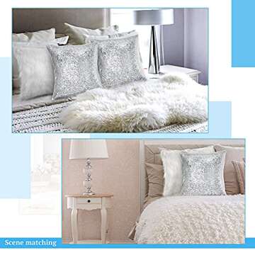 Irenare 4 Pcs Sequin and Fluffy Pillow Covers Winter Faux Fur Throw Pillow Cases Glitter Bling Soft Fuzzy Cushion Cover for Couch Bed Sofa Xmas Day(18 x 18 Inch,Silver)