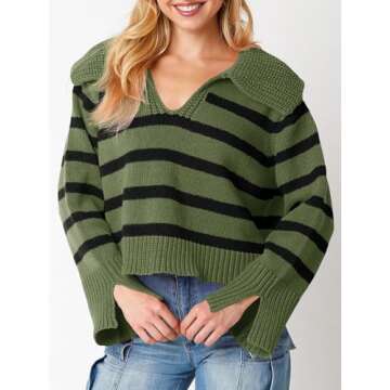 Saodimallsu Womens Striped Sweater V Neck Collared Fall Trendy Knitted Long Sleeve Loose Pullover Sweaters