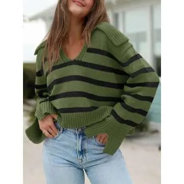Saodimallsu Womens Striped Sweater V Neck Collared Fall Trendy Knitted Long Sleeve Loose Pullover Sweaters
