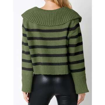 Saodimallsu Womens Striped Sweater V Neck Collared Fall Trendy Knitted Long Sleeve Loose Pullover Sweaters