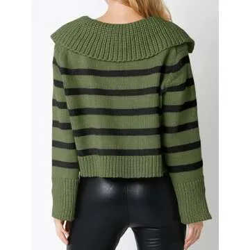 Saodimallsu Womens Striped Sweater V Neck Collared Fall Trendy Knitted Long Sleeve Loose Pullover Sweaters