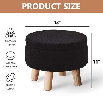Wimarsbon Storage Ottoman, Modern Round Footrest with Soft Padded Seat, Teddy Velvet Footstool with Wood Legs, Accent Small Table or Plant Stand for Hallway, Living Room (Black)