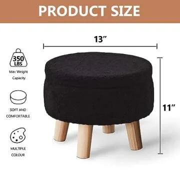 Wimarsbon Storage Ottoman, Modern Round Footrest with Soft Padded Seat, Teddy Velvet Footstool with Wood Legs, Accent Small Table or Plant Stand for Hallway, Living Room (Black)