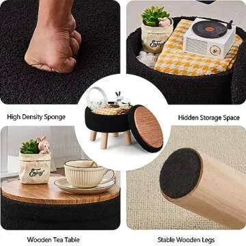 Wimarsbon Storage Ottoman, Modern Round Footrest with Soft Padded Seat, Teddy Velvet Footstool with Wood Legs, Accent Small Table or Plant Stand for Hallway, Living Room (Black)