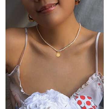 Dainty Layered Initial Choker Necklaces for Women Girls 14K Gold Plated Figaro Link Chain Faux Pearl Personalized Letter Disc Pendant Layering Gold Necklaces Gift Jewelry,E