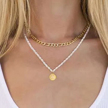 Dainty Layered Initial Choker Necklaces for Women Girls 14K Gold Plated Figaro Link Chain Faux Pearl Personalized Letter Disc Pendant Layering Gold Necklaces Gift Jewelry,E