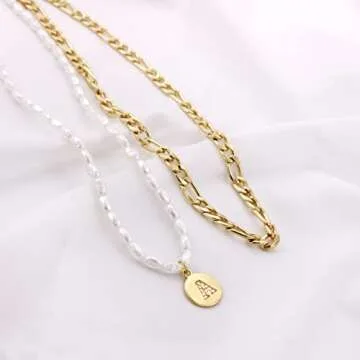 Dainty Layered Initial Choker Necklaces for Women Girls 14K Gold Plated Figaro Link Chain Faux Pearl Personalized Letter Disc Pendant Layering Gold Necklaces Gift Jewelry,E