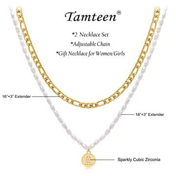 Dainty Layered Initial Choker Necklaces for Women Girls 14K Gold Plated Figaro Link Chain Faux Pearl Personalized Letter Disc Pendant Layering Gold Necklaces Gift Jewelry,E