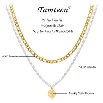 Dainty Layered Initial Choker Necklaces for Women Girls 14K Gold Plated Figaro Link Chain Faux Pearl Personalized Letter Disc Pendant Layering Gold Necklaces Gift Jewelry,E
