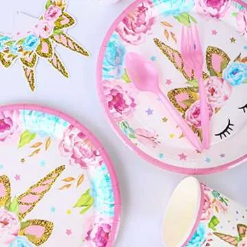 GONGYIHONG Unicorn Party Supplies for Girls - Unicorn Birthday Decorations with Plates Disposable Tableware for Unicorn Theme Party