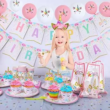 GONGYIHONG Unicorn Party Supplies for Girls - Unicorn Birthday Decorations with Plates Disposable Tableware for Unicorn Theme Party