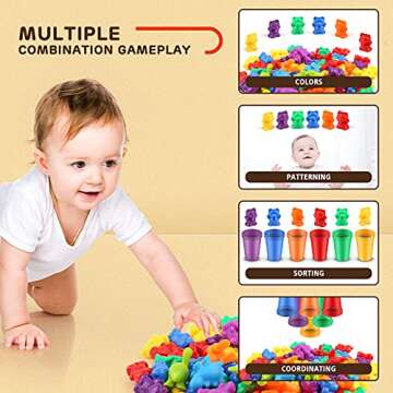 Rainbow Counting Bears Activity Toys Set 92Pcs,Number Color Recognition Games Matching Sorting Cups Libra Little Dinosaur and Dice,Early Educational Toys Gift for 3 4 5 6 year olds Kids Girls Boys