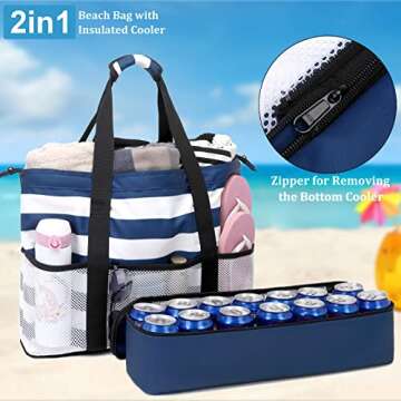 JIANYA Beach Bag Women Waterproof Sandproof Beach Tote Bags with Cooler Top Zipper Large Totes for B...
