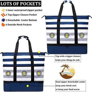 JIANYA Beach Bag Women Waterproof Sandproof Beach Tote Bags with Cooler Top Zipper Large Totes for Beach Pool Travel Daily