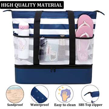 JIANYA Beach Bag Women Waterproof Sandproof Beach Tote Bags with Cooler Top Zipper Large Totes for Beach Pool Travel Daily