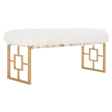 Safavieh Home Collection Mera Glam White Faux Sheepskin and Gold Bench