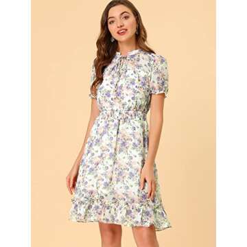 Allegra K Floral Dress for Women's 2024 Summer Puff Sleeve Ruffles Tiered Chiffon Smocked Dresses Medium White