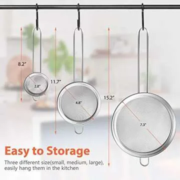 IPOW Set of 3 Stainless Steel Fine Mesh Strainer, Colander Sieve Sifters with Long Handle for Kitchen Food, Small Medium Large Size for Tea Coffee Powder Fry Juice Rice Vegetable Fruit Etc.